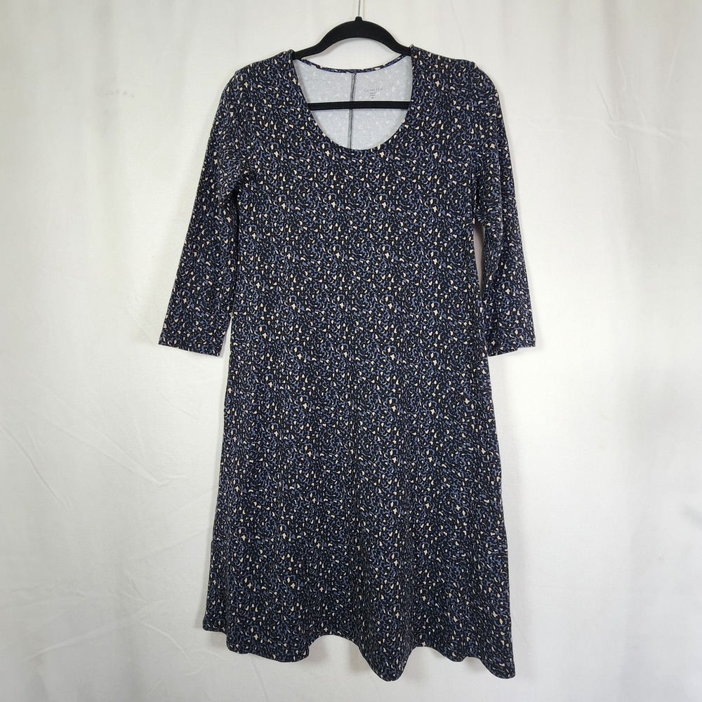 Garnet Hill Navy Blue Leopard Print Knit Dress 3/4 Sleeve Sz XS Boho Comfy Chic